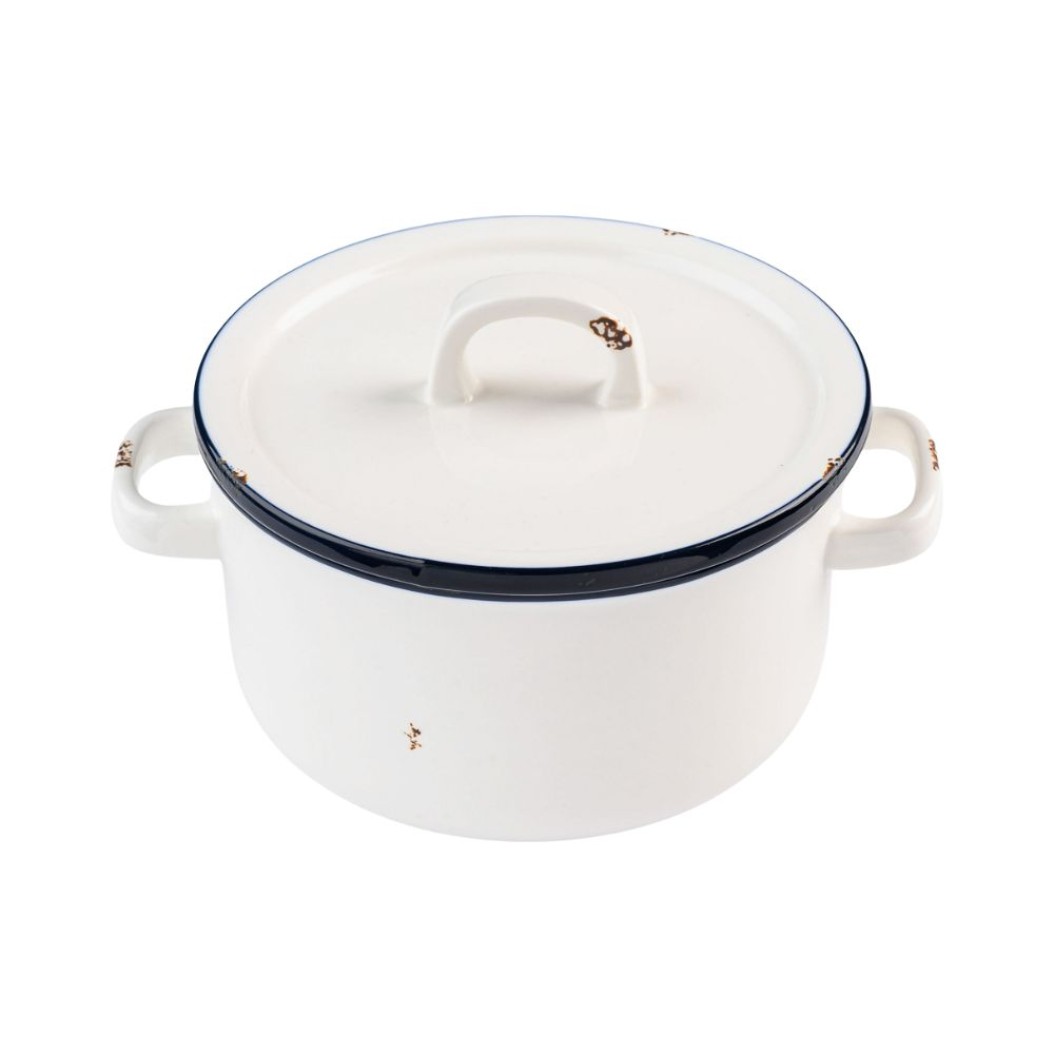 Κατσαρολάκι Πορσελάνης Με Μπλε Vintage Rim 16x8 cm Σε Λευκό Χρώμα Κατσαρόλες