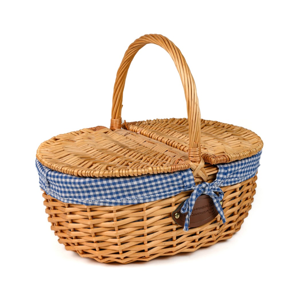 Καλάθι Πικ Νικ Με Μπλε Ύφασμα 35x25x16 cm Σε Καφέ Χρώμα Καλάθια