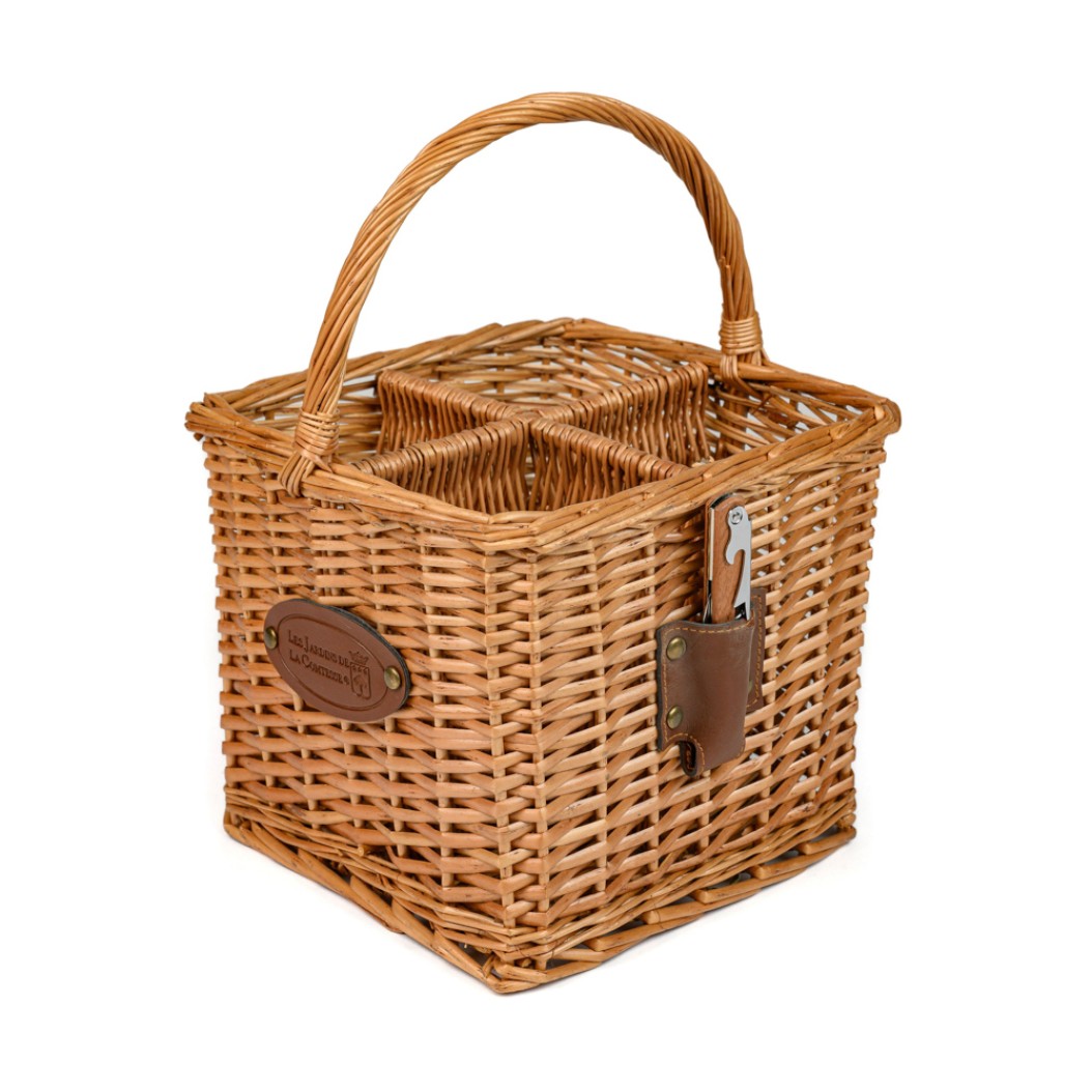 Picnic Basket For Wine With Bottle Opener 25x25x20 cm In Brown Color Wicker Baskets