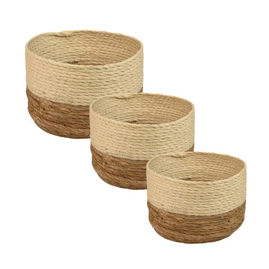 Σετ Ψάθινων Καλαθιών Δίχρωμων 3 Τμχ Σε Μπεζ Χρώμα Καλάθια