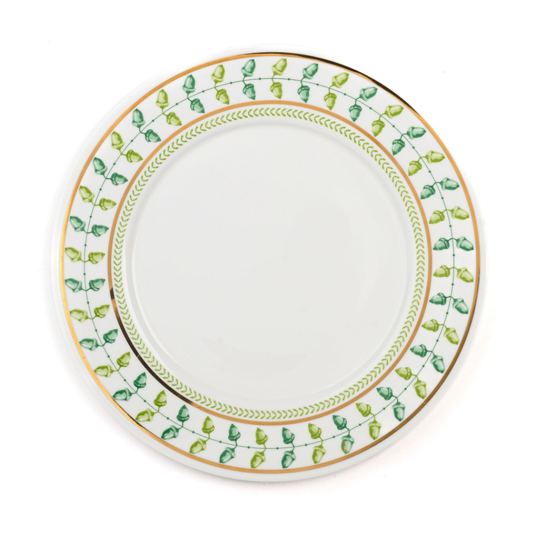 Πορσελάλινο Πιάτο Ψωμιού (bb plate) Με Πράσινα Βελανίδια 16 cm Σε Λευκό Χρώμα Πιάτα Φαγητού