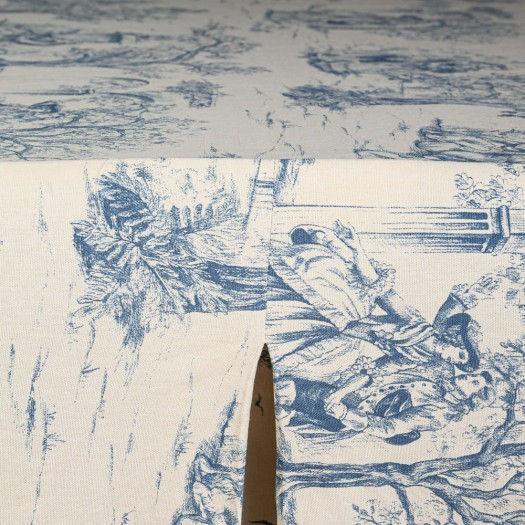 Cotton Toile De Jouy Tablecloth Sur Mesure With Blue Pattern With Tablecloth In Ivory Color Tablecloths