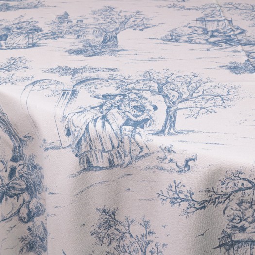 Cotton Toile De Jouy Round Table Tablecloth With Blue Pattern 330 cm In Ivory Color Tablecloths