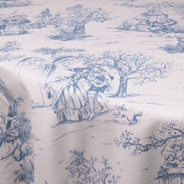 Βαμβακερό Toile De Jouy Τραπεζομάντηλο Ροτόντας Με Μπλε Πάτερν 330 cm Σε Ιβουάρ Χρώμα Τραπεζομάντηλα