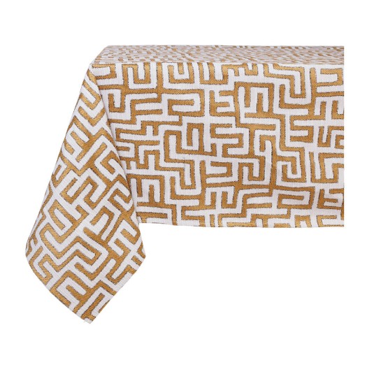 Βαμβακερό Τετράγωνο Τραπεζομάντηλο Με Μαίανδρους 400x400 cm Σε Λευκό Κίτρινο Χρώμα Τραπεζομάντηλα