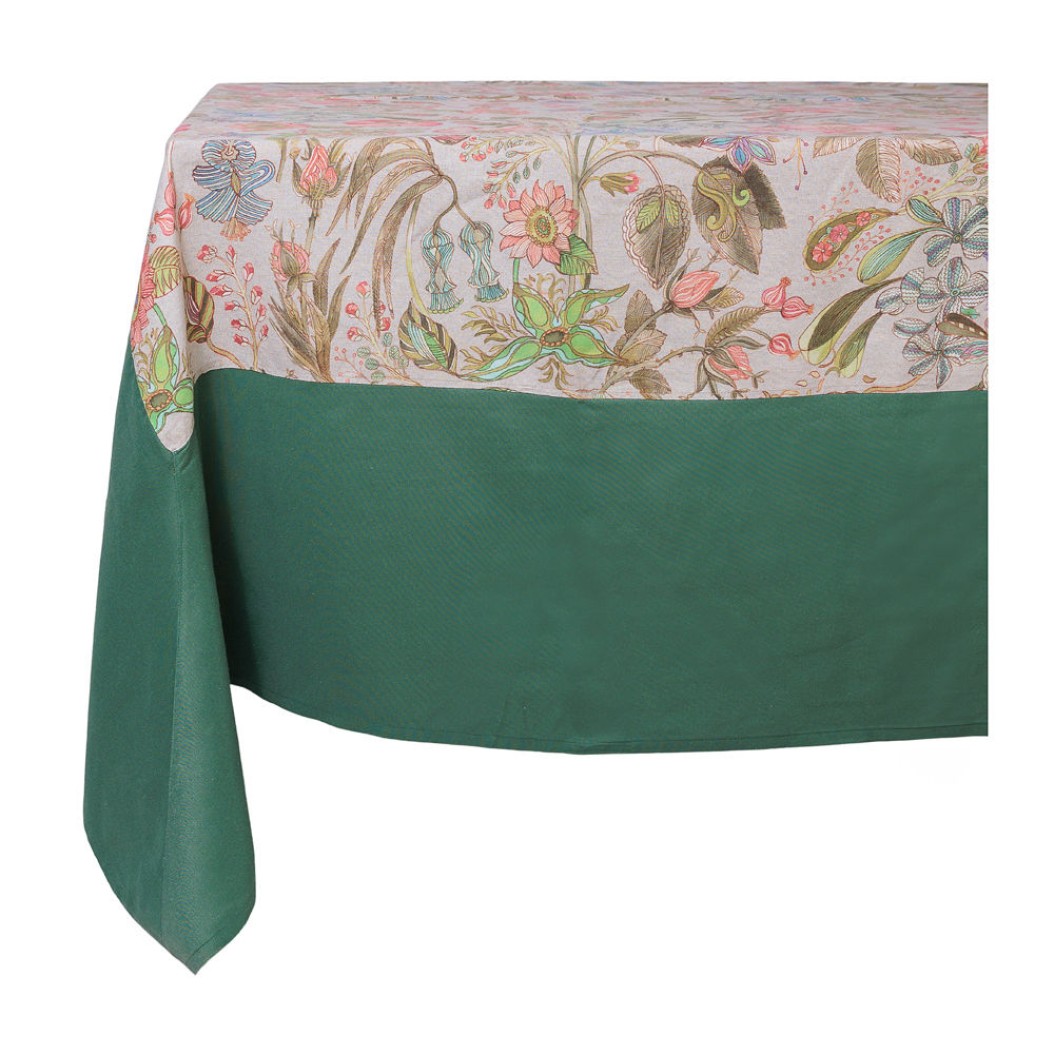 Floral Multicolor Rectangular Linen Tablecloth 1240x240 cm with Green Trim Tablecloths