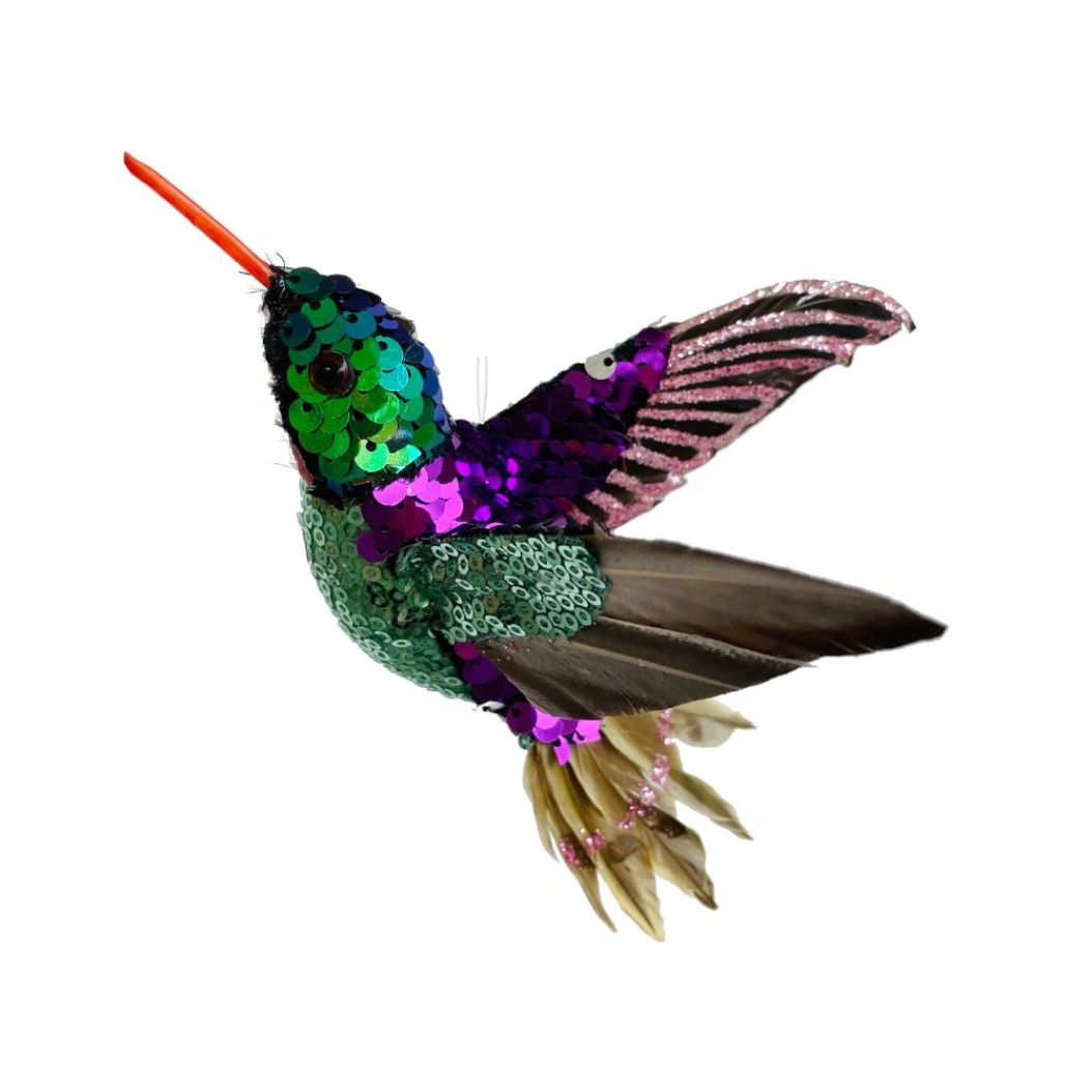 Decorative Hummingbird With Sequins 16 cm In Purple-Green Color Ornaments Decorative Hummingbird With Sequins 16 cm In Purple-Green Color Ornaments