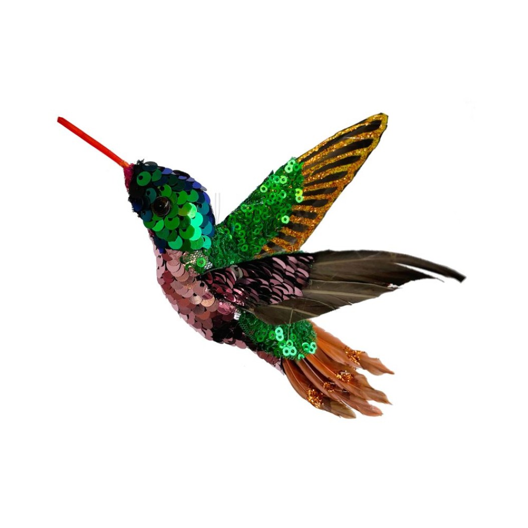 Decorative Hummingbird With Sequins 16 cm In Orange-Green-Pink Color Ornaments