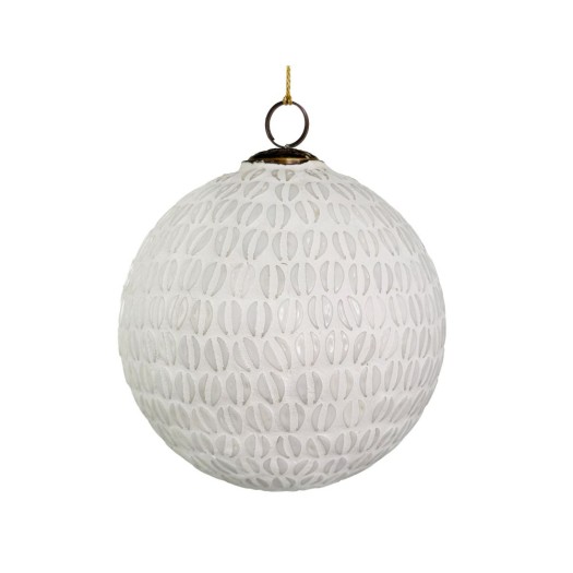 Πήλινη Λευκή Χριστουγεννιάτικη Μπάλα 12 cm Με Ανάγλυφο Σχέδιο Και Γάντζο Χριστουγεννιάτικες Μπάλες