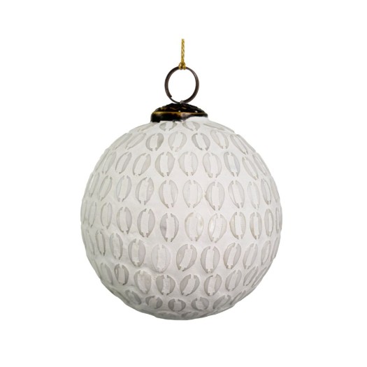 Πήλινη Λευκή Χριστουγεννιάτικη Μπάλα 10 cm Με Ανάγλυφο Σχέδιο Και Γάντζο Χριστουγεννιάτικες Μπάλες