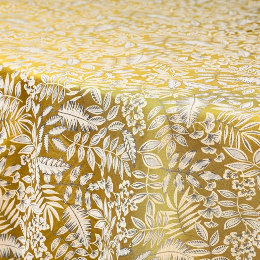 Round Table Cotton Tablecloth With White Leaves 330 cm In Gold Color Tablecloths